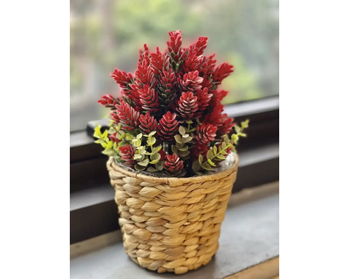 Plante artificielle avec des fleurs rouges dans un pot tressé