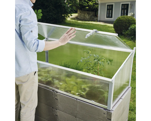 Hochbeet mit Frühbeetaufsatz und Person im Garten.