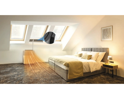 Chambre à coucher avec fenêtres de toit, isolation et climatisation mobile