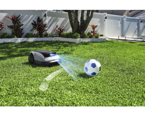 Robot tondeuse sur gazon avec ballon de foot