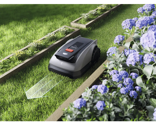 Robot tondeuse dans un jardin avec des parterres de fleurs et de l''herbe fraîche