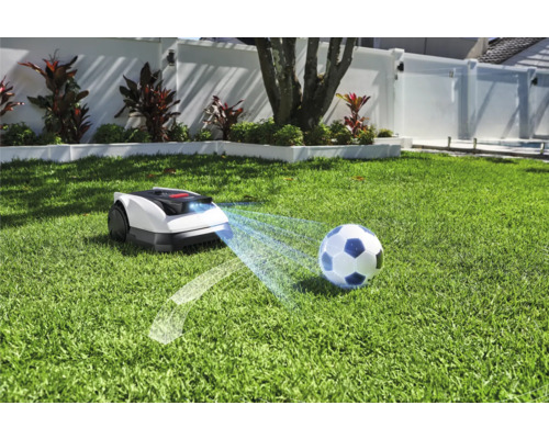 Robot de tonte avec détection d''obstacles sur pelouse avec ballon de foot