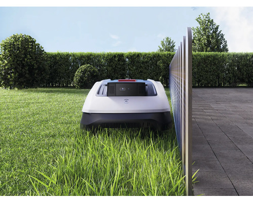 Robot tondeuse sur pelouse dans le jardin