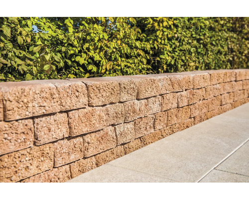 Mur en blocs de béton devant une haie verte