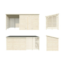 Abri de jardin en bois en plusieurs parties avec double porte et auvent latéral