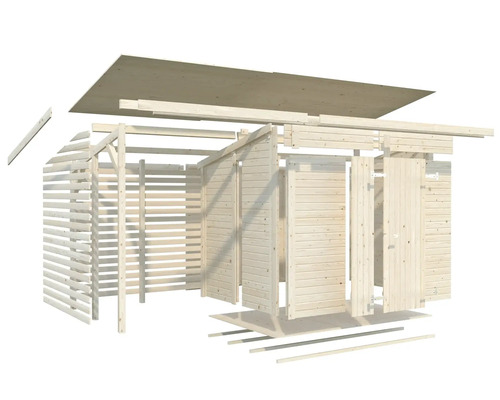 Plan de montage d''un abri de jardin en bois avec toit et porte