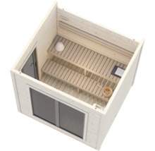 Innenansicht einer Sauna mit Holzbänken, Eimer und Kelle