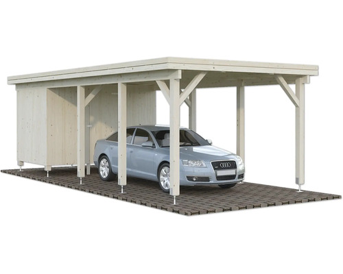 Carport en bois avec remise et voiture garée