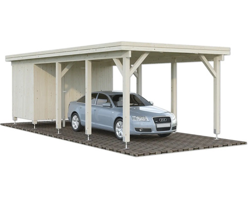 Carport en bois avec remise et voiture