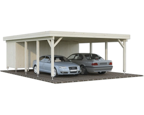 Doppelcarport aus Holz mit zwei geparkten Autos