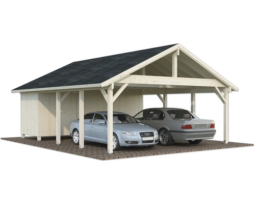 Double carport en bois avec deux voitures garées