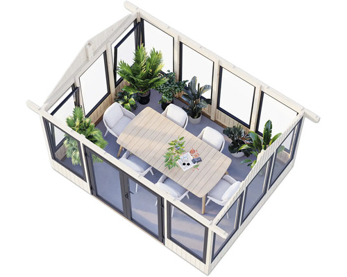 Serre avec table à manger, chaises et diverses plantes