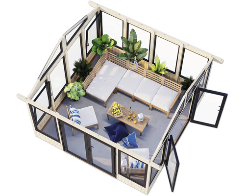 Pavillon de jardin avec coin salon, table et plantes