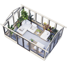 Vue de dessus d''une véranda lumineuse avec coin salon et plantes