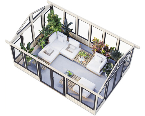 Une véranda avec salon de jardin et plantes.