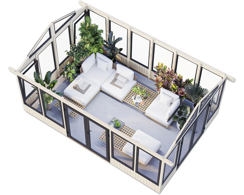 Vue intérieure d''une serre lumineuse avec des sièges et des plantes