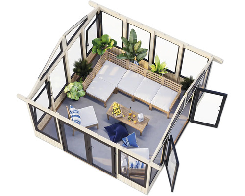Serre lumineuse avec cadre en bois, fenêtres en verre, coin salon et décoration de jardin