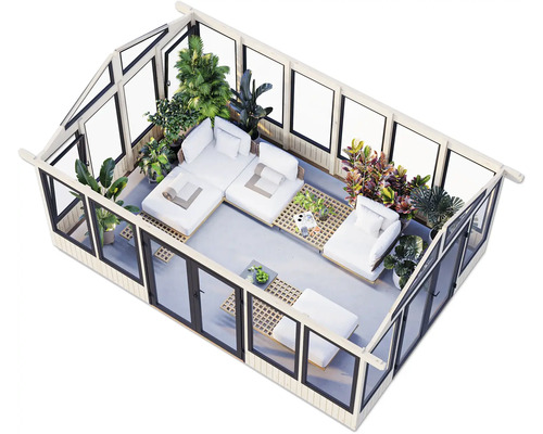 Vue intérieure d''une véranda lumineuse avec coin salon, plantes et grandes fenêtres.