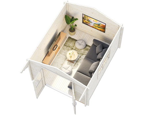 Vue intérieure d''une cabane de jardin avec des meubles