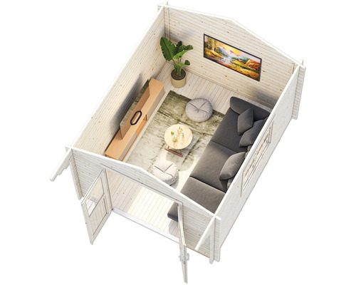 Vue intérieure d''une maison de jardin avec canapé, table et décoration