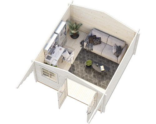 Vue intérieure d''une maison de jardin avec meubles, bureau, bibliothèque et canapé