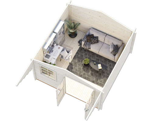 Vue intérieure d''une maison de jardin avec coin salon et bureau