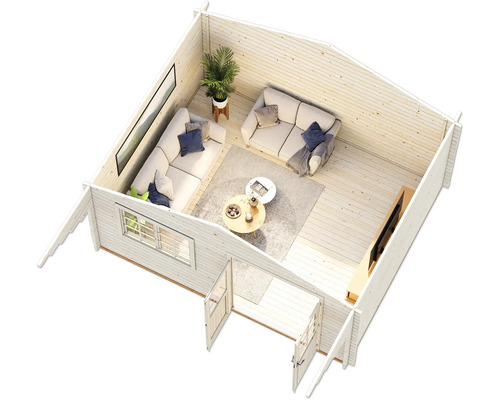 Innenansicht eines Holzgartenhauses mit Wohnbereich und zwei Sofas.