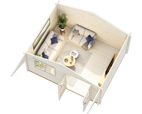 Vue intérieure d''une maison de jardin avec canapés, table et décoration
