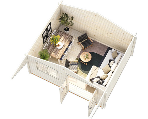 Innenansicht eines Holzhauses mit Möbeln, Esstisch und Sitzbereich.