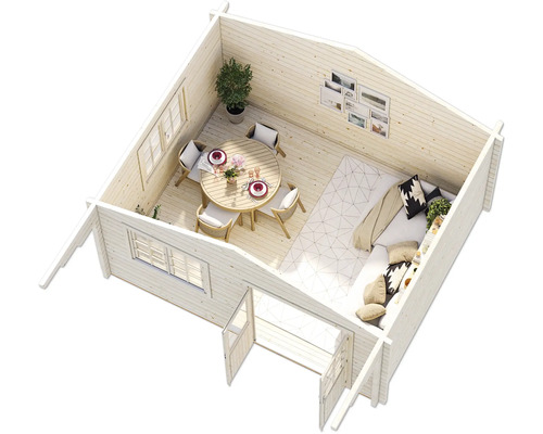 Vue intérieure d''une cabane de jardin avec meubles et décoration