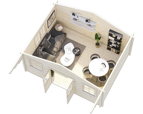 Intérieur d''un chalet de jardin avec coin salon et coin repas