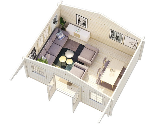 Vue intérieure d''une maison en bois avec salon et salle à manger