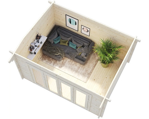 Abri de jardin lumineux avec canapé, table et plante d''intérieur