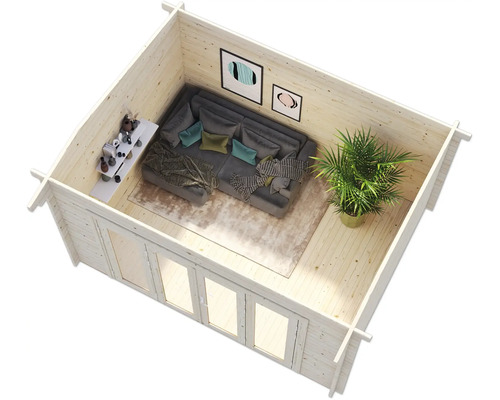 Vue intérieure d''une cabane de jardin avec canapé, table et plante d''intérieur