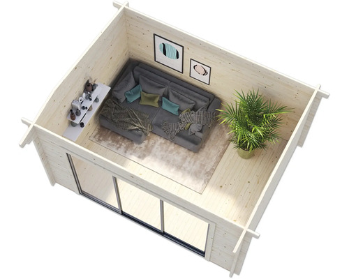 Vue intérieure d''une maison de jardin en bois avec canapé, table et plante