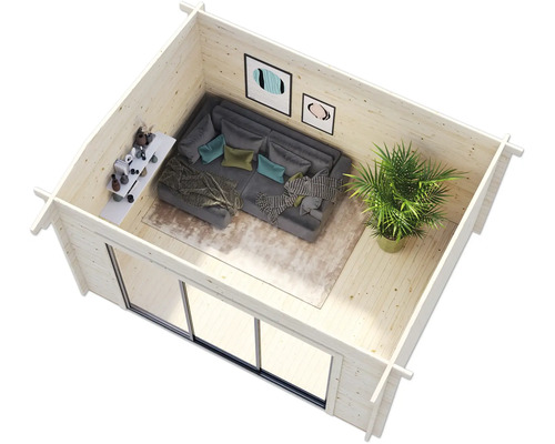 Innenansicht eines Holzgartenhauses mit Sofa, Tisch und Pflanze