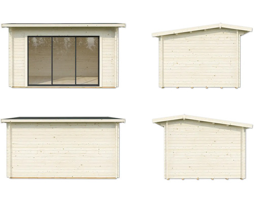 Vues multiples d''un abri de jardin en bois avec fenêtres