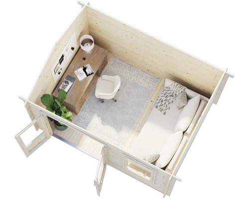 Illustration eines hellen Gartenhauses mit Schreibtisch, Bürostuhl und Liege