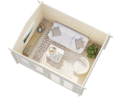 Vue intérieure d''une maison de jardin avec canapé, fauteuil, tapis et décoration