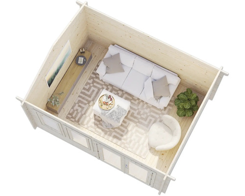 Vue intérieure d''une cabane de jardin avec meubles et décoration