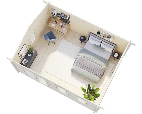 Innenansicht eines Holzgartenhauses mit Bett, Schreibtisch und Möbeln