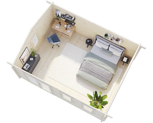 Innenansicht eines hellen Holzhauses mit Schlafzimmer und Arbeitsbereich