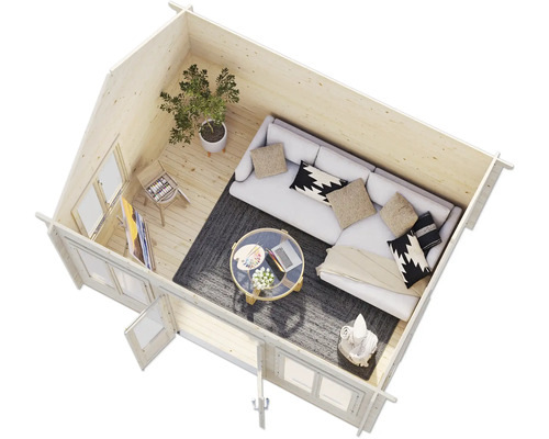 Inneneinrichtung eines Holzhauses mit Sofa, Tisch und Dekoration