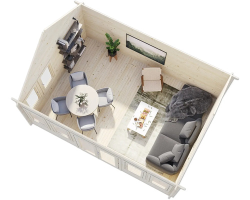 Vue intérieure d''une maison en bois avec coin salon, coin repas et étagères