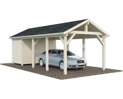 Carport en bois avec remise et voiture sur pavés
