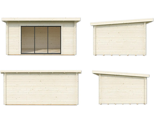 Abri de jardin en bois avec porte coulissante en verre en quatre vues