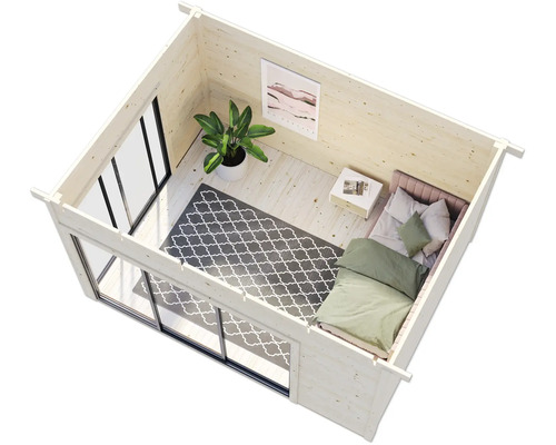 Vue intérieure d''une cabane de jardin avec lit, tapis, plante d''intérieur et fenêtre