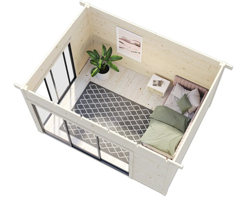 Vue intérieure d''un pavillon de jardin avec lit, tapis et plante