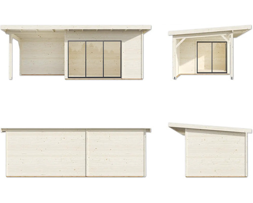 Différentes vues d''un abri de jardin en bois avec porte coulissante