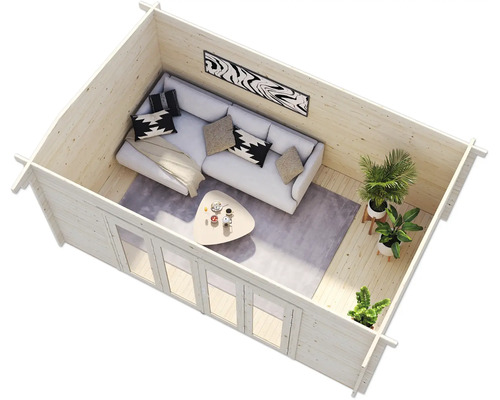 Intérieur d''une maison en bois avec canapé, table et plantes